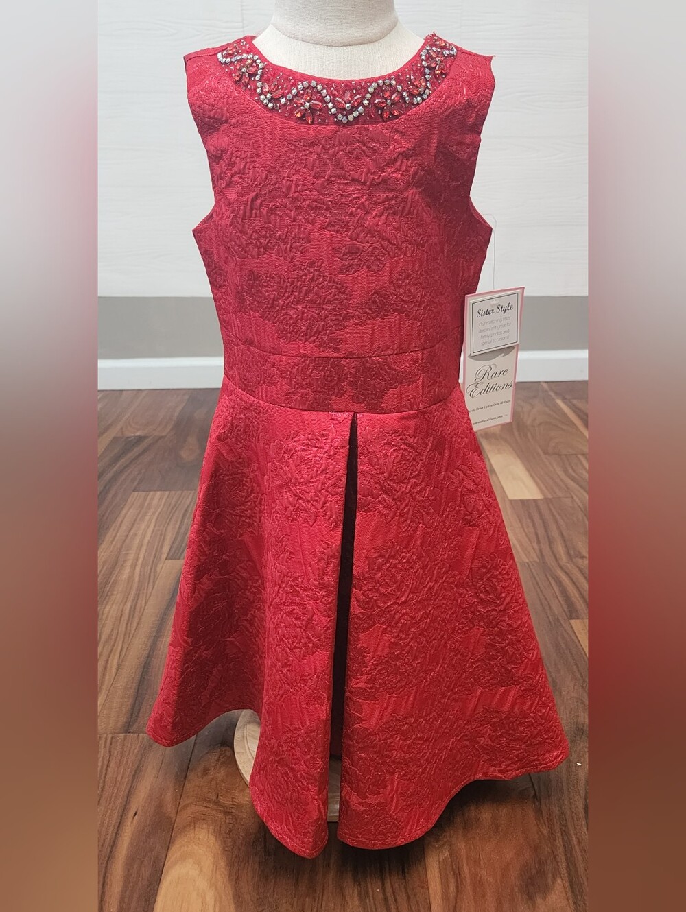 Rare Editions Girls Red Metallic Holiday Party Dress Jeweled Collar Bow Size 7